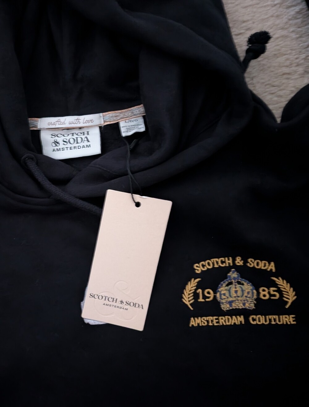 Scotch & Soda Black Pullover Hoodie with Gold Embroidery Large New Never Worn